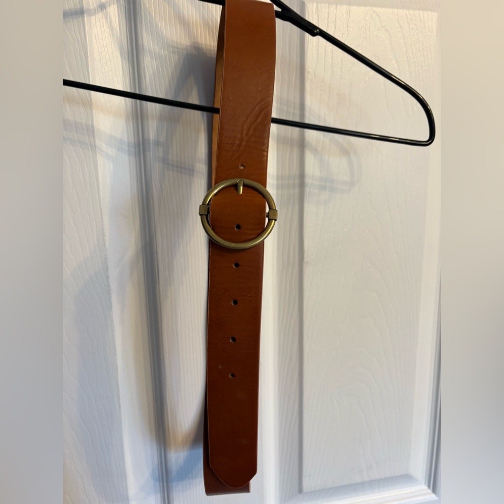 Wide Tan Leather Belt with Round Gold Buckle